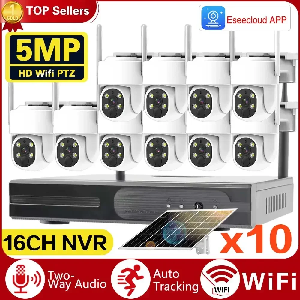 

10CH 5MP NVR Lower Consumption Solar Panel Battery Track Surveillance Sysrtem Wireless 4MP PTZ Security Camera Surveillance Kit