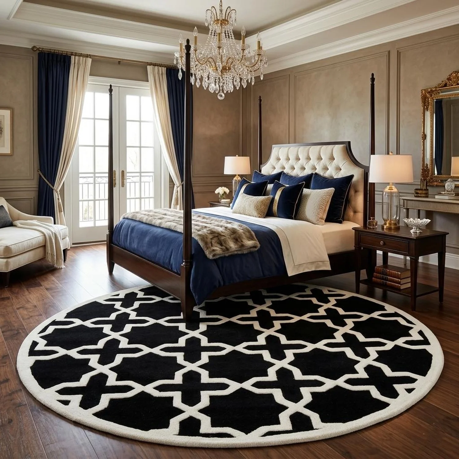 Black Moroccan Round Hand-Tufted Wool Plaid Geometric Pattern Rug, Black and White Checkered Rug, Customizable in Size, Suitable for Transitional Style Living Rooms