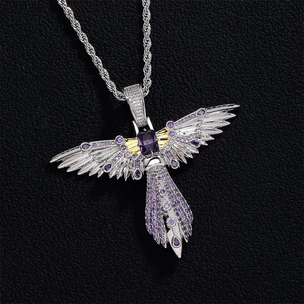 Anztilam Iced Out Cross Wing Pendant Necklace with Long Link Chain for Women Men Brass Zircon Hip Hop Jewelry Free Shipping