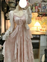 Sleeveless Dresses Women Mid-calf Pink A-line Fairycore Aesthetic Holiday Beach Summer Temperament French Style Romantic Ins