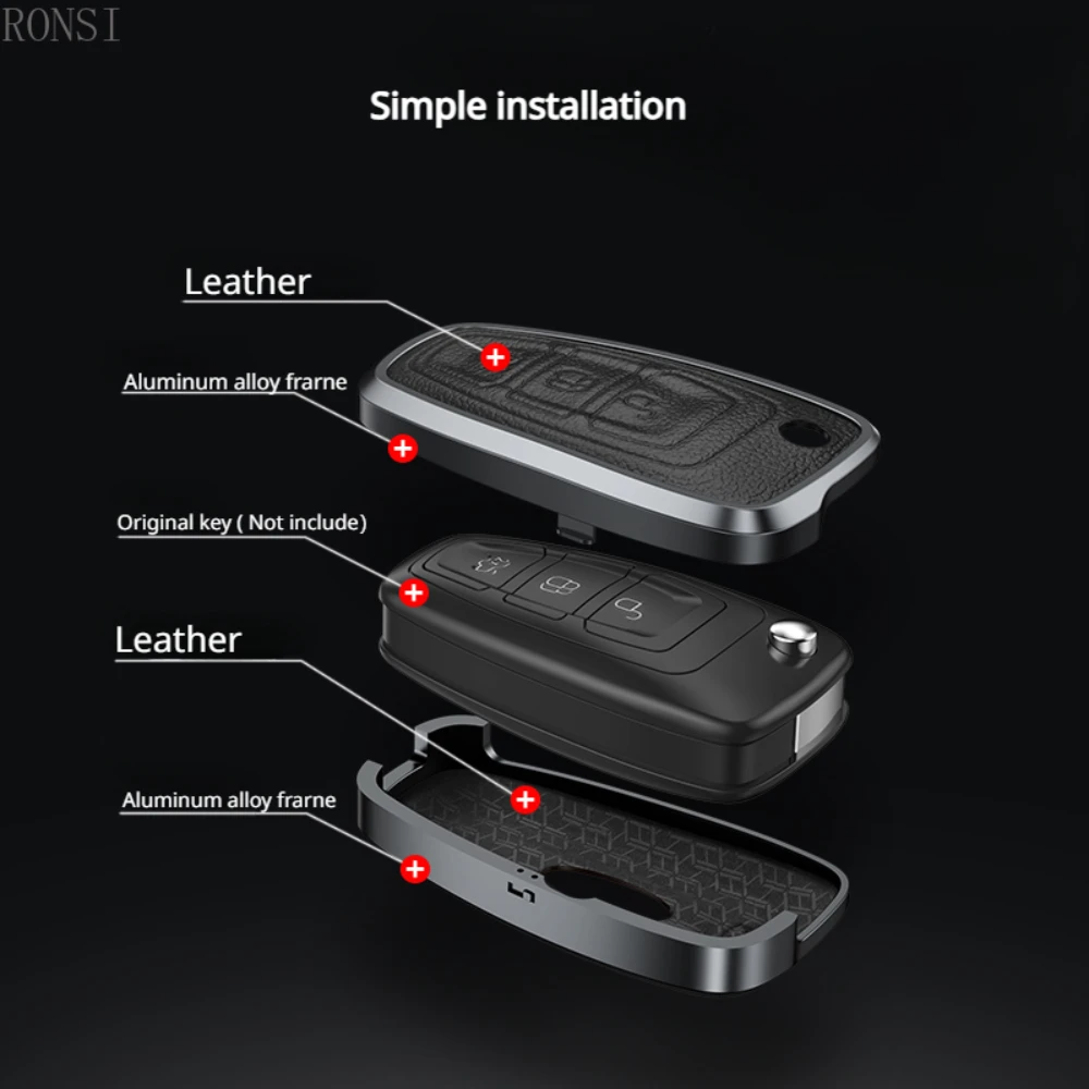 Alloy Leather Car Folding Key Case Full Cover For Ford Focus 2 3 MK3 ST RS Ecosport Kuga Escape Fiesta Fold C-Max S-Max Mondeo - Image 2