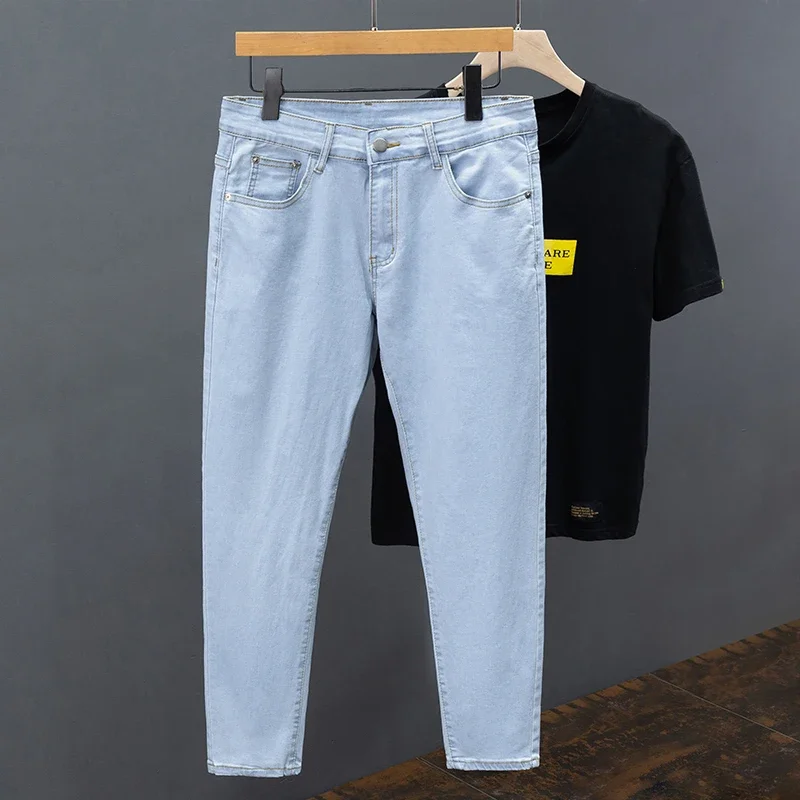 Slim Fit Men's Jeans Spring Summer Thin Cotton Soft Elastic Trendy Ankle Length Pants Straight Korean Simple Denim Trousers