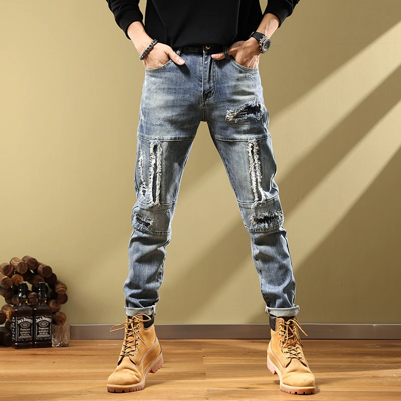 

Trendy Slim Fit Men's Jeans Elastic Personali Asymmetrical Hole Stitching Patchwork Long Pants Thi Denim mid Waist Youth ...