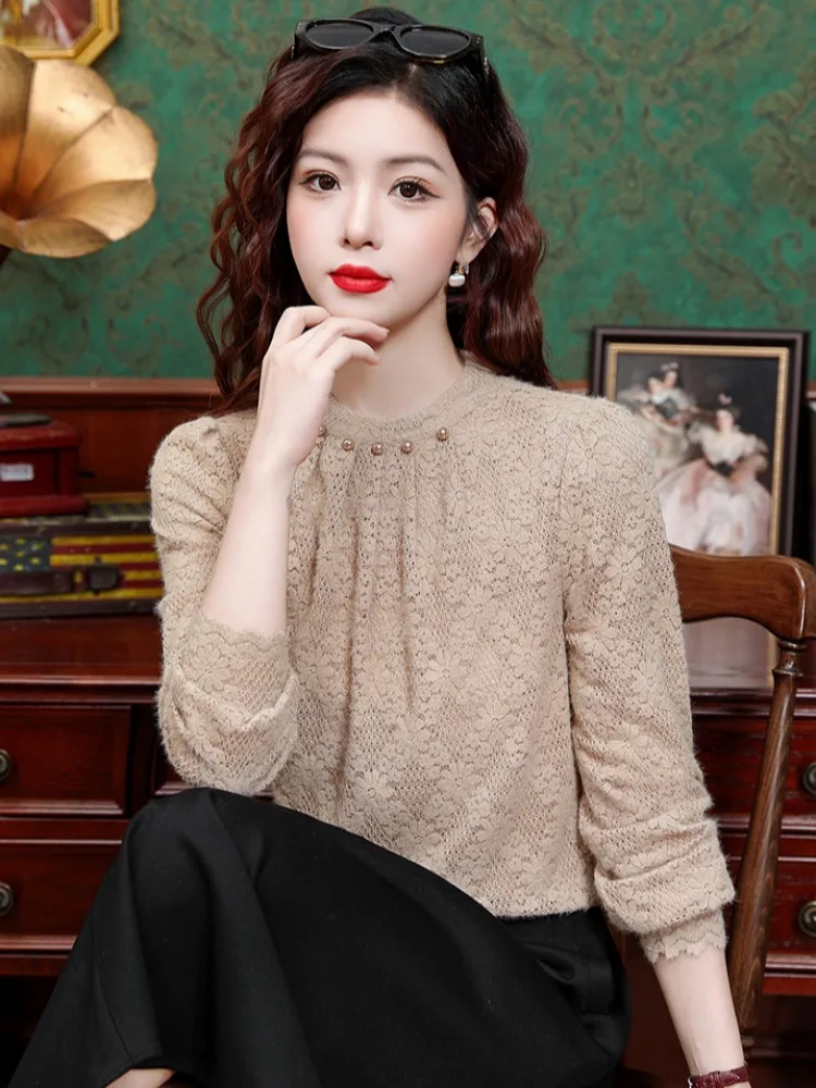 

Fce Lined Thiened Lace Base irt Women's Inner Wear Sli Autumn Winter Warm Top Commute Sle Korean Version Long Sl...