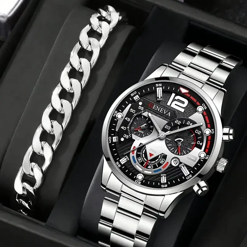 A men's new popular steel strip fashion business three eye quartz watch set, suitable for fashion matching