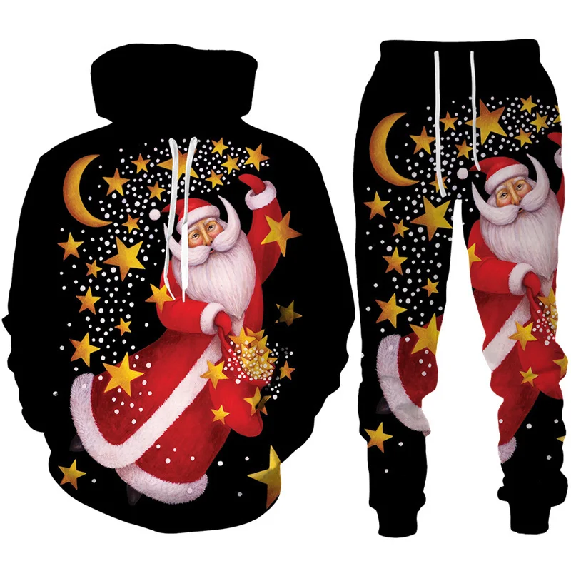 Hoodies ผู้ชายชุดปีใหม่คริสต์มาสผู้ชายอะนิเมะ Hoodie กางเกงชุด Santa Claus 3D พิมพ์ปาร์ตี้ Street สนุกเทศกาลชุด
