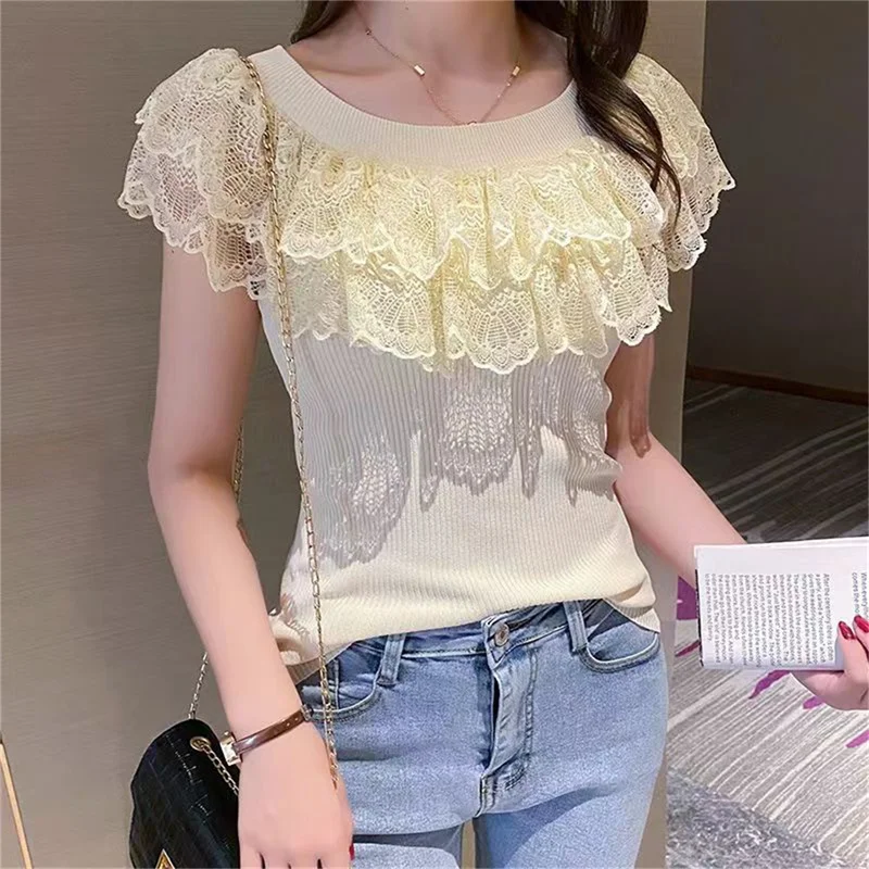 Gauze Patchwork Short Sleeve Slash Neck Off Shoulder Sexy Causal T-shirts Summer Slim