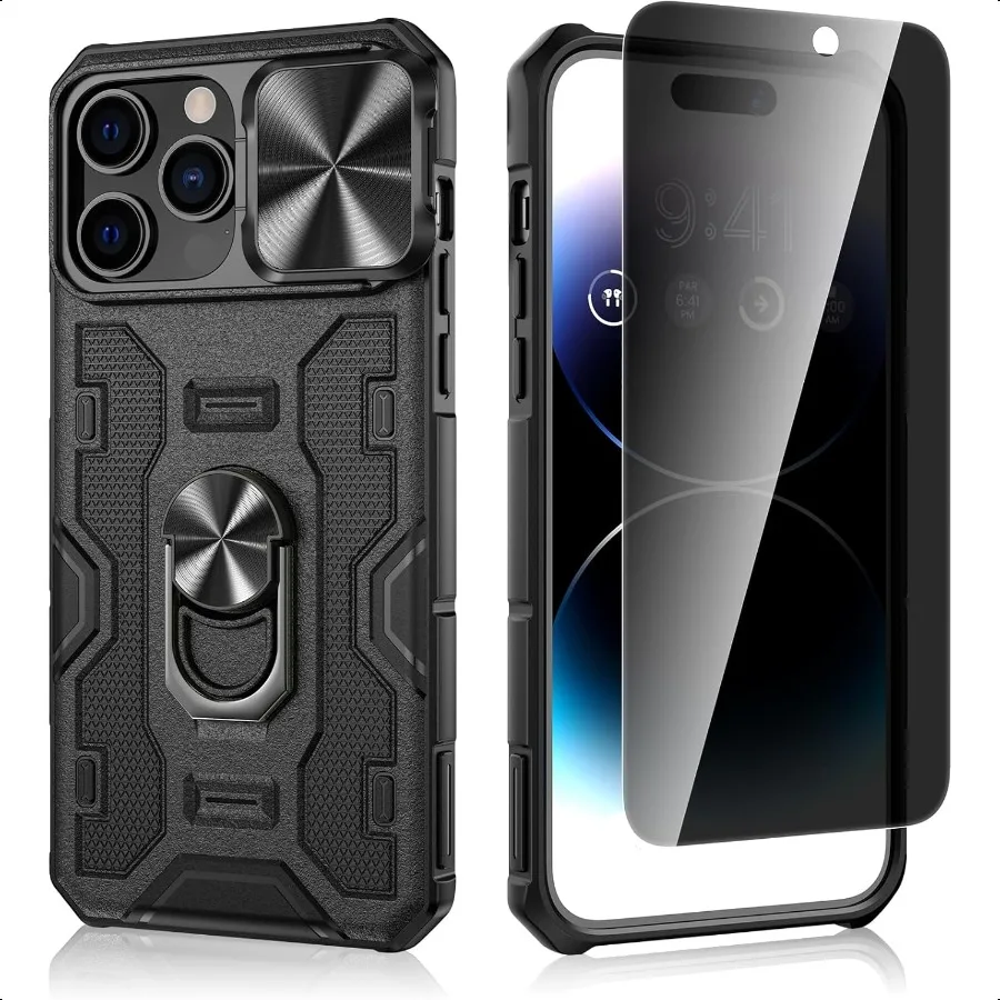 

VEGO for iPhone 14 Pro Max Privacy Case with [AntiPeep Screen Protector] Phone Case Builtin Slide Camera Cover Ring Kickstand H