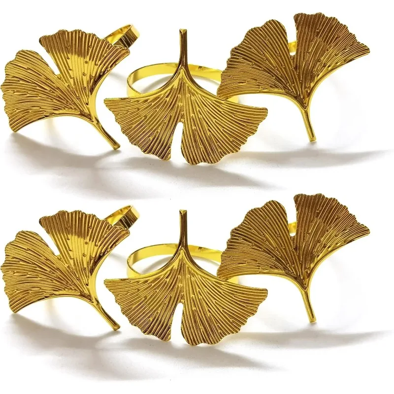 Napkin Rings Set of 6 - Ginkgo Biloba Leaf Napkin Rings  - Fall Napkin Ring Holder Buckles for Holiday,Thanksgiving Dining Table