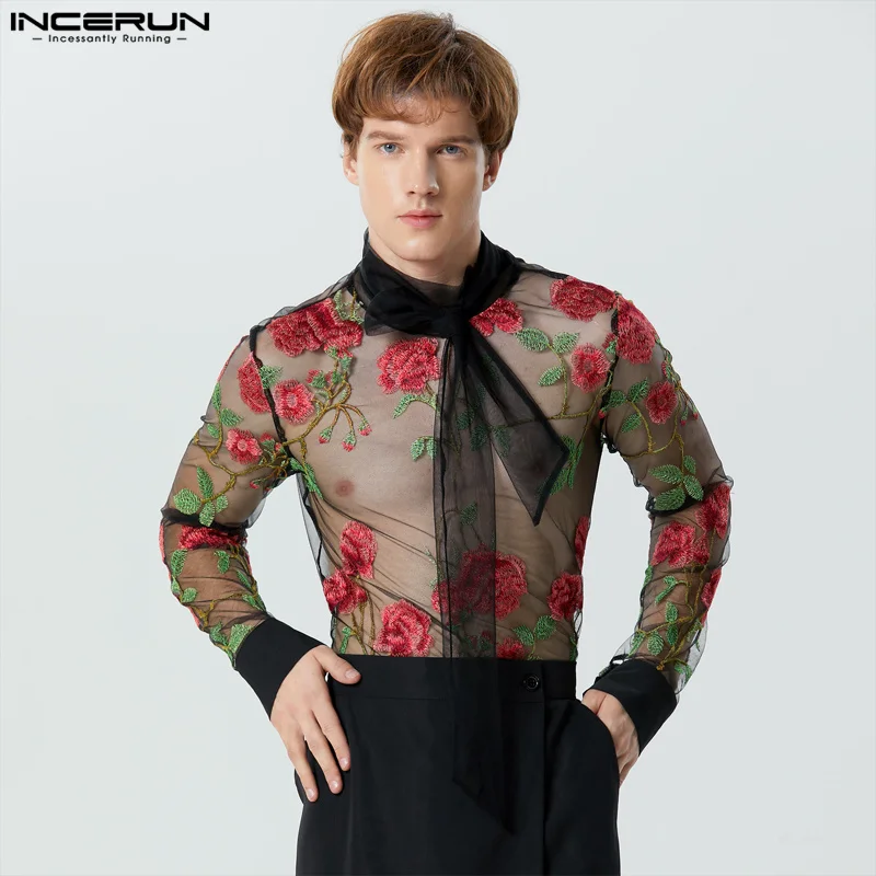 INCERUN Tops 2023 American Style Sexy Mens Mesh Embroidery Ribbon Perspective T-shirts Clubwear Thin Long Sleeved Camiseta S-5XL