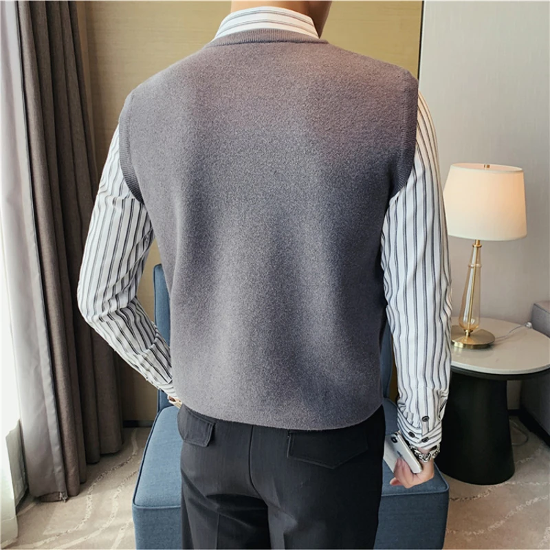 Knit Sweater with Woven Shirt Collar and Knit Body,Thermal Extra Thick with Fleece , Striped Stitching Shirt Collar Knitted Vest