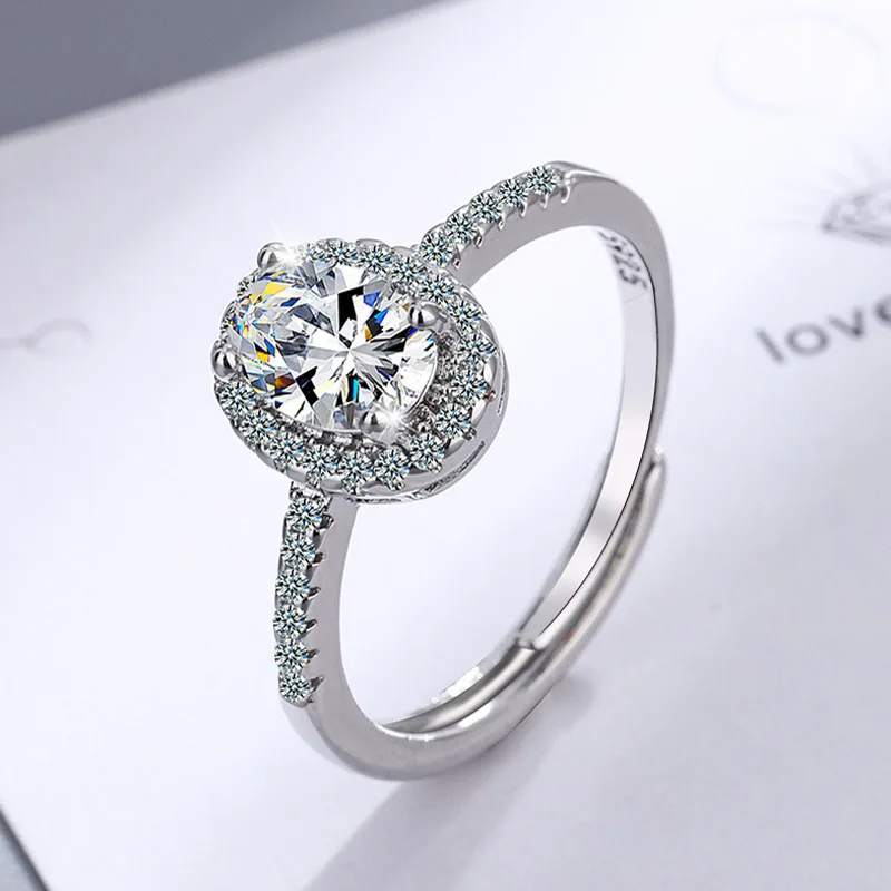 Classic Solid 925 Sterling Silver 5A Oval Created Moissanite CZ Wedding Engagement Ring Fine Jewelry with Stamp Girls Gift