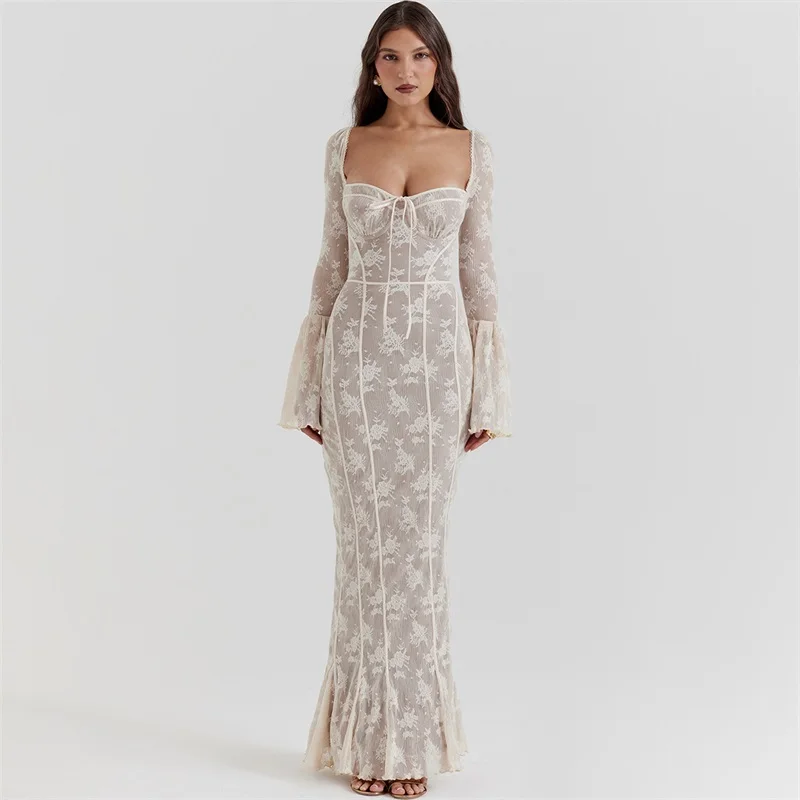 

Square Collar Flare Sleeve Lace Women Fish Tail Long Dress Middle Waist Sheath Party Skirt Hot White Party Gown Newest In Stock