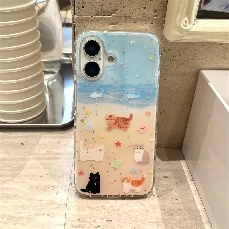 شاطئ أسود القط هريرة محارة الترتر بريق جراب هاتف آيفون 16 15 14 13 برو ماكس حافظة لطيف فاخر الكرتون غطاء مقاوم للصدمات