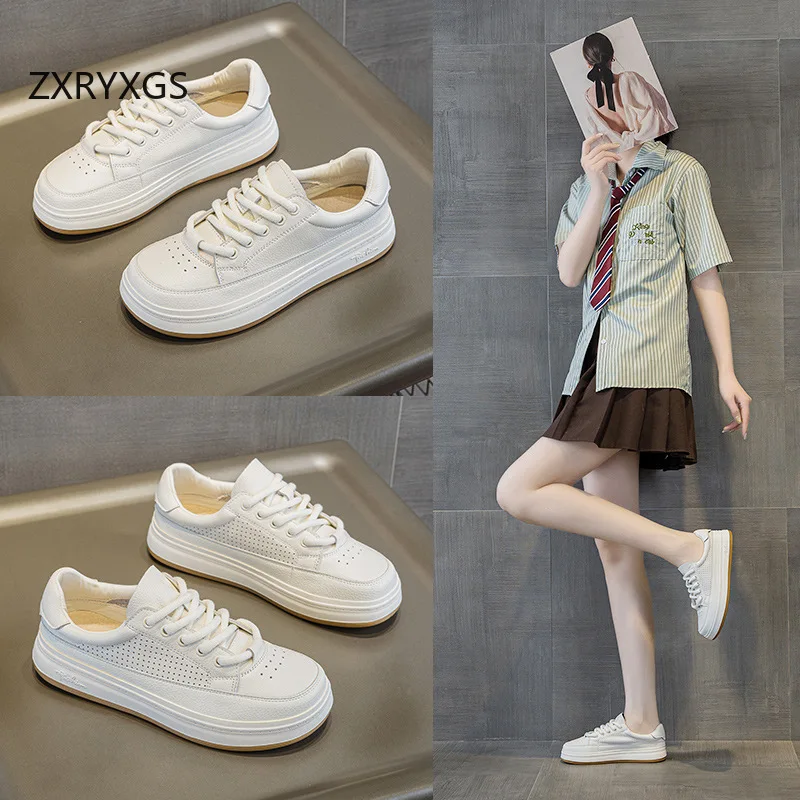ZXRYXGS Large Size Spring Summer Lace-up Top Layer Cowhide Women Sneakers White Shoes Hollow Breathable Travel Shoes Flat 2026
