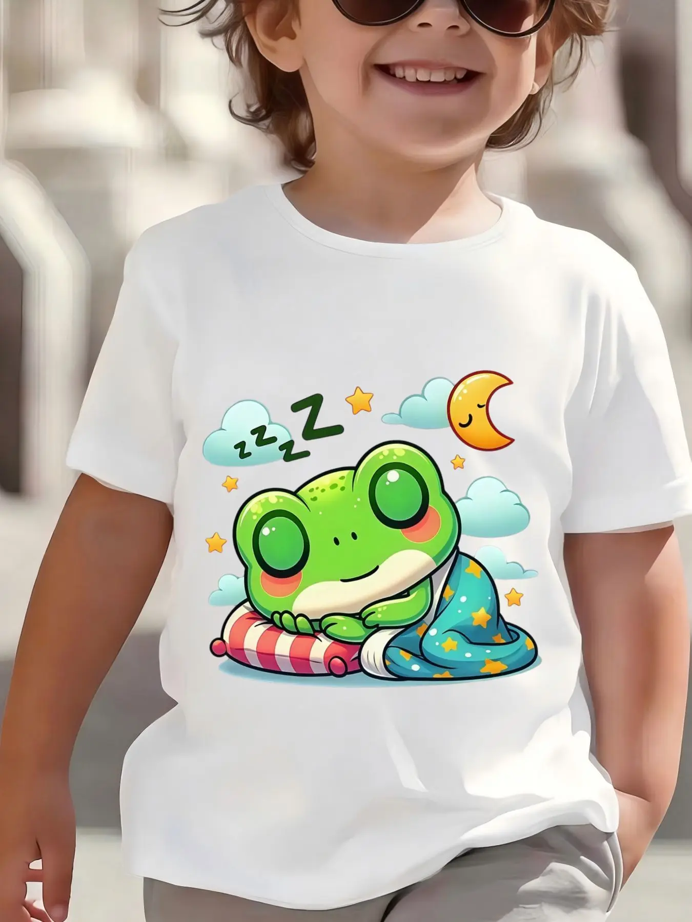 Kids Boys Girls Parent Child Matching Tee Cute Sleeping Frog Graphic Print Short Sleeve Crew Neck Soft Daily Party Wear Tee