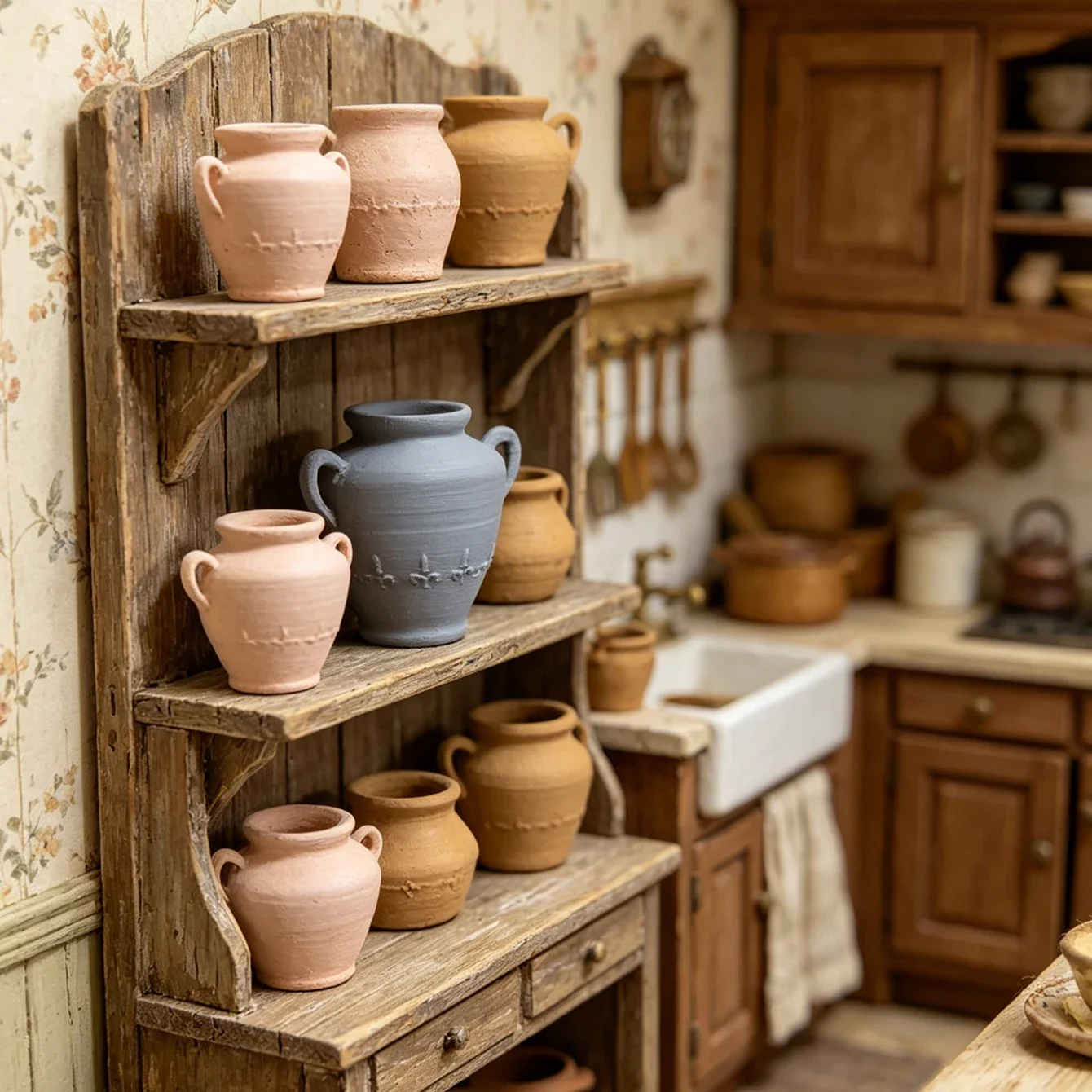 Miniature Ceramic Three-Piece Set, Dollhouse Retro Decorative Item, Realistic Clay Scene Prop, for Enthusiasts' Collection.