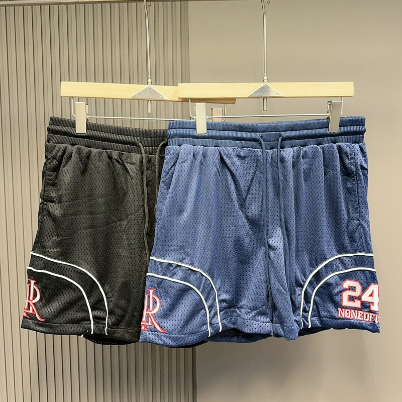 

Double Stripe Embroidery Digit 24 Label Basketball Shorts Men Women Black Blue Loose Mesh Quick Dry Sport Shortpants Breeches