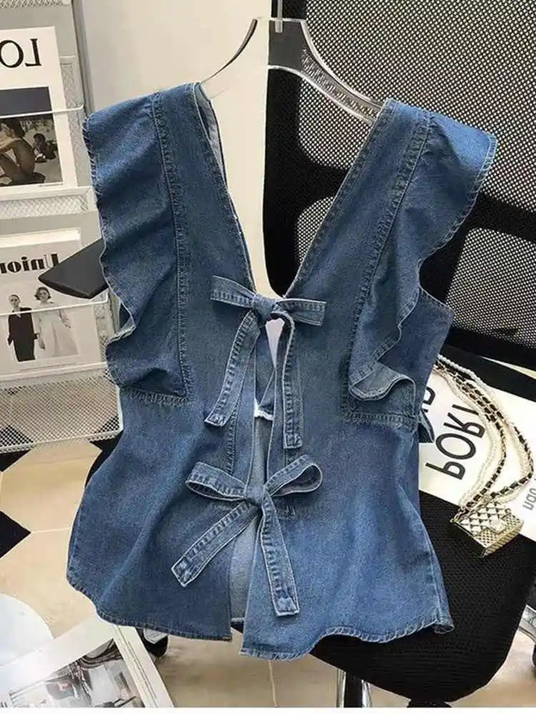 

French Style Vneck Sleeveless Top Summer Laceup Design Ruffled Shirts Backless All Match Loose Commuting Denim Clothes
