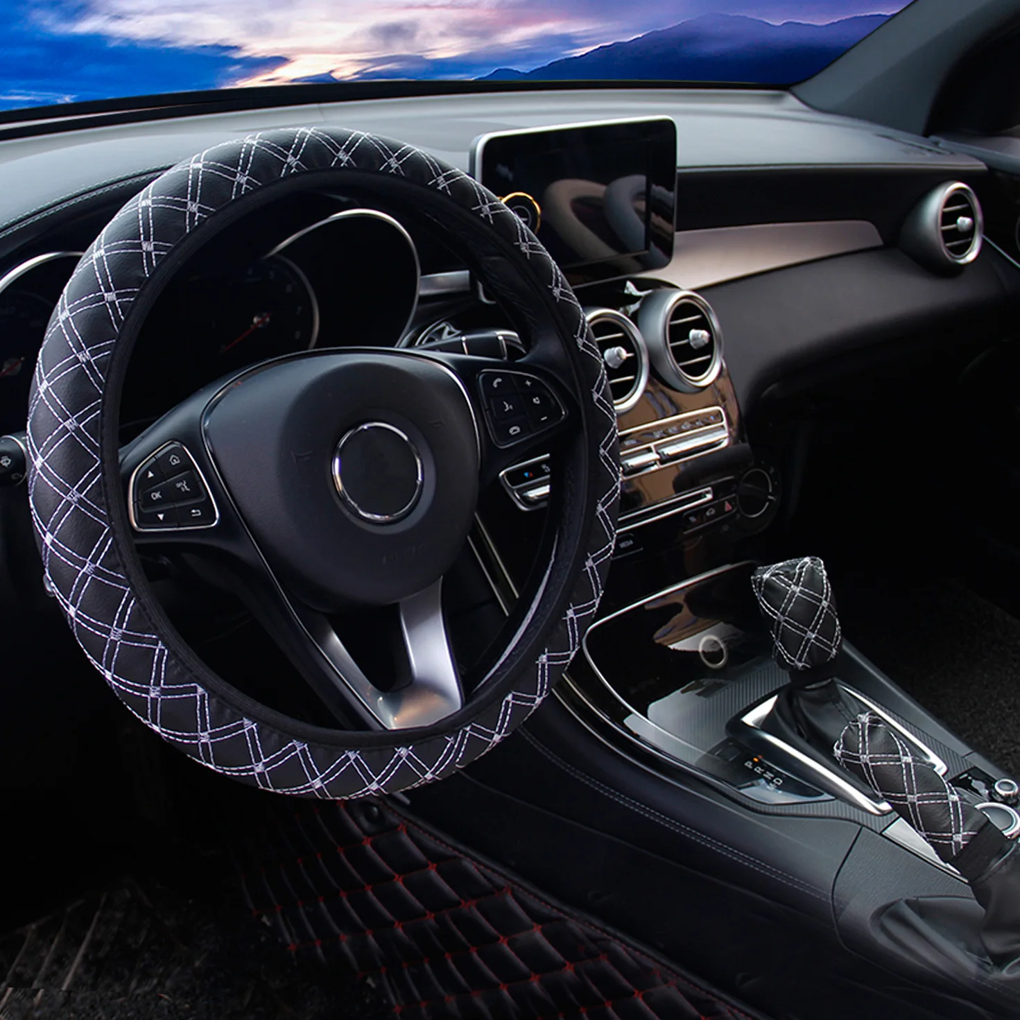3Pcs/set Braid Fur Wheel Cover PU leather Car Steering Wheel Cover Hubs Steering Cover Hand Brake Gear Protective Cap