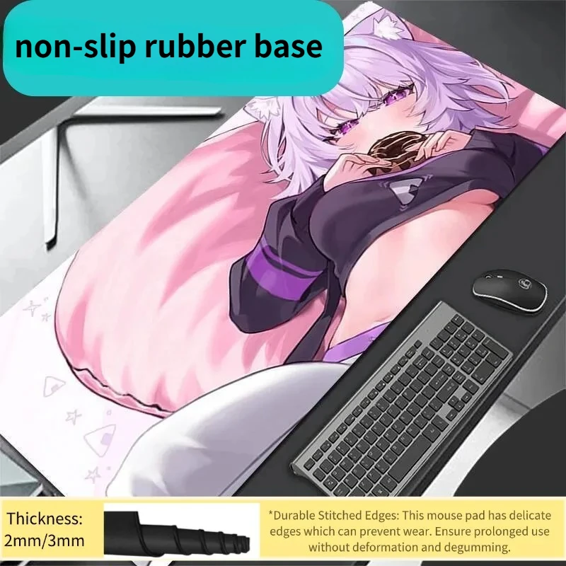 Gaming Mouse Pad, Large Desk Mat, Anti-slip, Stitched Edges, Purple Hair Cat Ear Girl Print, Keyboard Pad for Gaming & Home Use