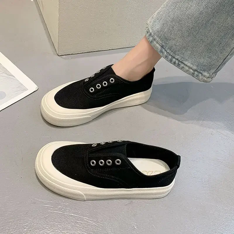 Round Toe Female Footwear Canvas Women\'s Shoes Slip on Flat Casual Sneaker Trends 2024 High Quality Cotton Korean Daily Routine