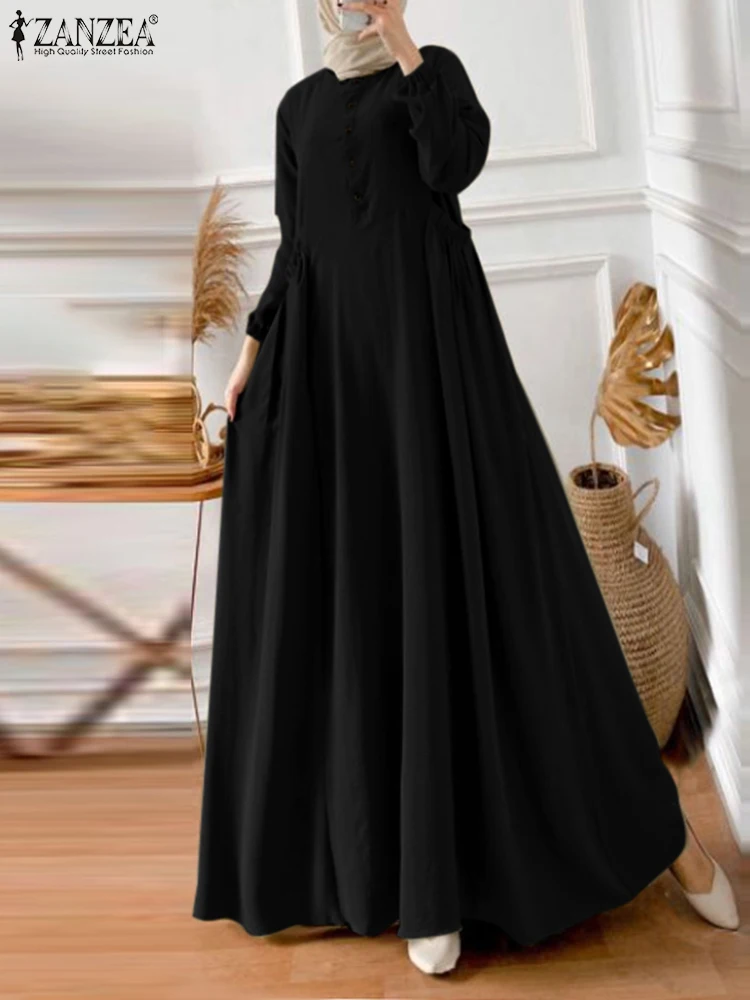 

2025 ZANZEA Fashion Muslim Abaya Dress Women Elegant Long Sleeve Solid Maxi Sundress IsIamic Robe Eid Mubarek Dresses Vestidos