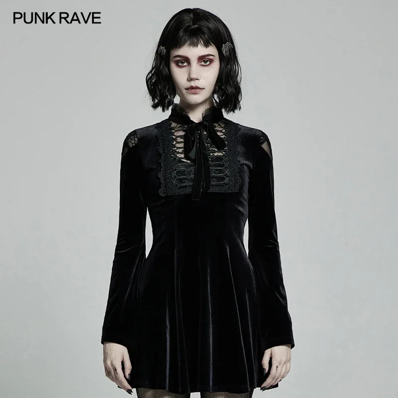 

PUNK RAVE Gothic Daily Dress Retro Decal Elastic Knitted Velvet Fabric Lace Collar Horn Cuffs Party Dinner Women Half Dresses