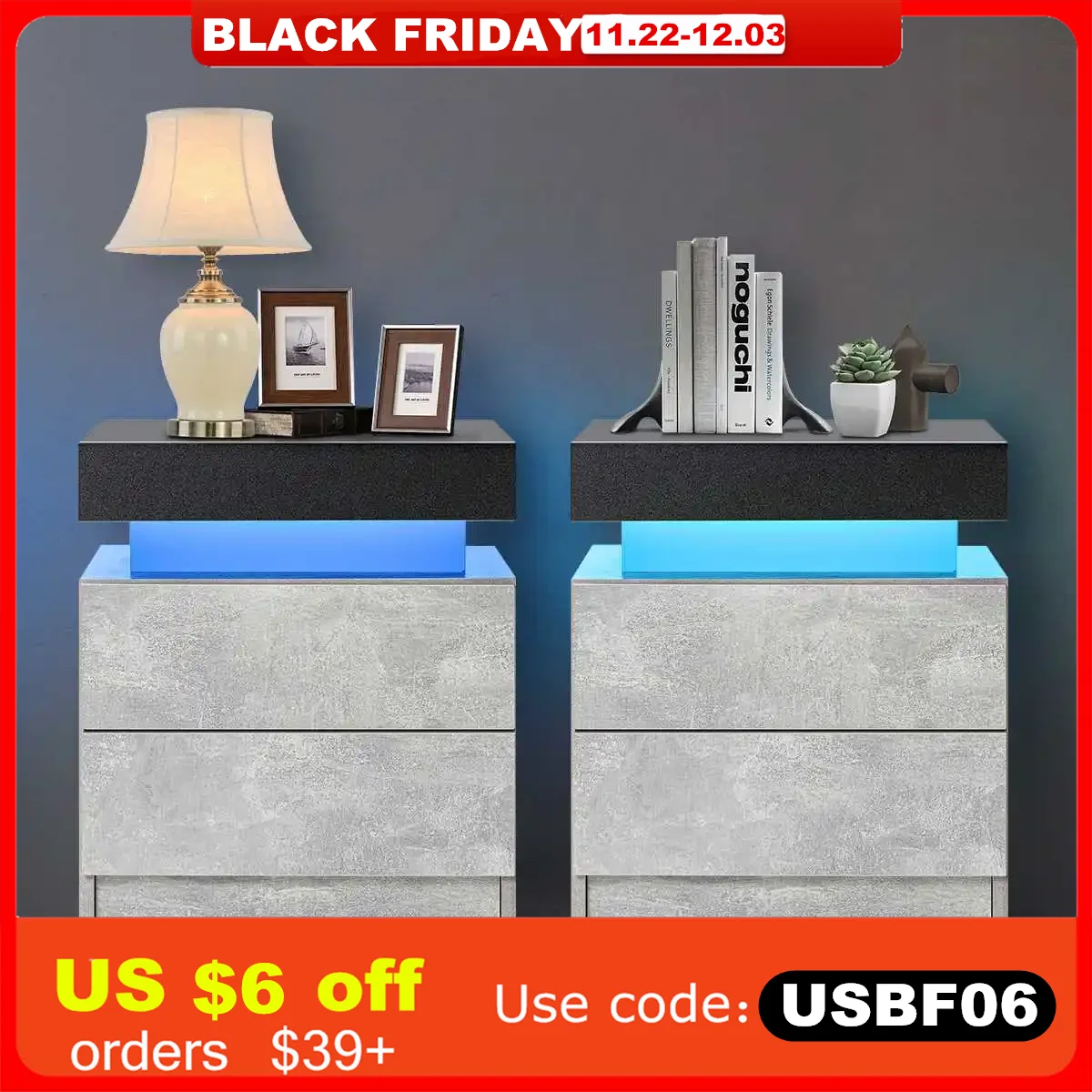 Hommpa LED Nightstand Grey Nightstand with Led Light Modern LED Bedside Table with 2 Matte Drawers for Bedroom