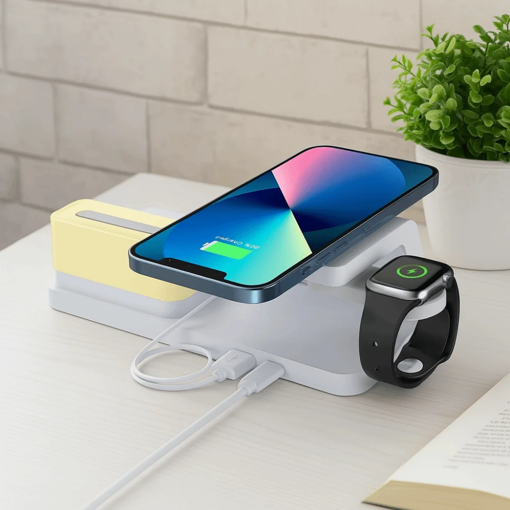 

Plastic Wireless Charging Clock LED Display Earphone Charging Multi Functional Desktop Charger Fast Charging with Watch Stand