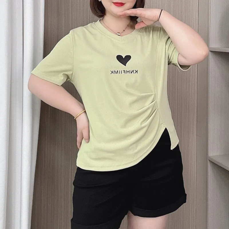 Summer Irregular Fold Short Sleeve T Shirt Women 2024 New Plus Size Fashion Love Print Casual Tops