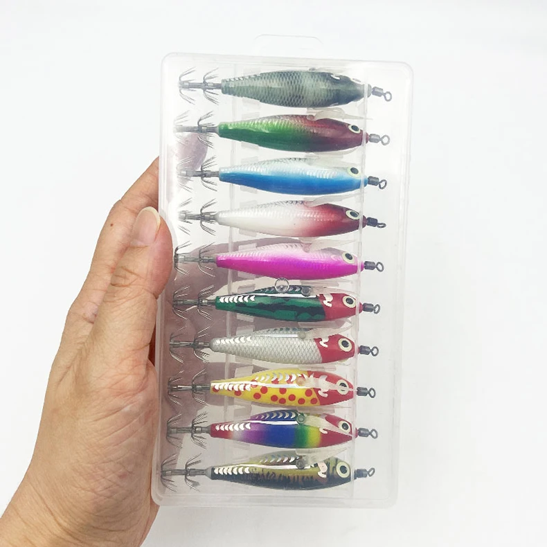 ShareShark 10 Stück/Box Leuchtendes horizontales Garnelen- und Tintenfischhaken-Hartköder-Set, geeignet für Meeresangeln auf Tintenfische und Oktopus. – Detail 11
