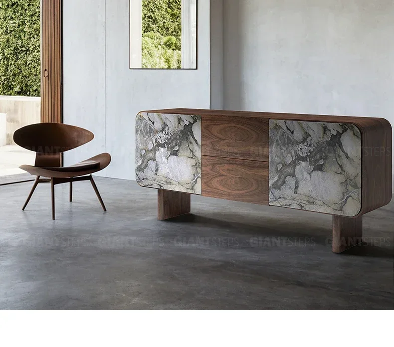 Natural marble dining side cabinet modern simple light luxury high-end medieval walnut color locker living room side cabinet
