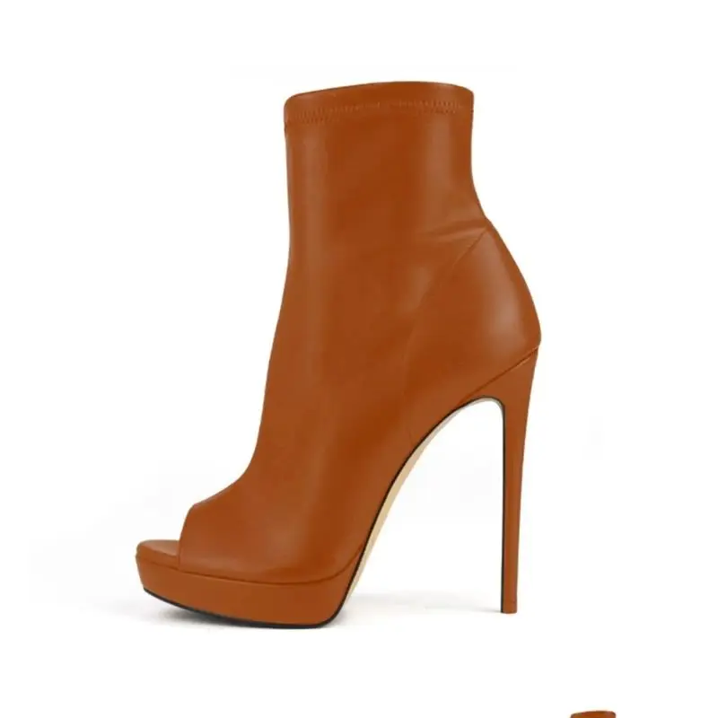 

Fashion Peep Toe Slip On Ankle Boots Brown Black Matte Leather High Platform Women Spring Autumn Dress Shoes Size 46
