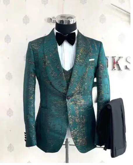 

2024 Custom Latest Design Fashion Green Jacquard Wedding Suits for Men Formal Groom Prom Party Male Tuxedo Blazer Slim Fit Men's