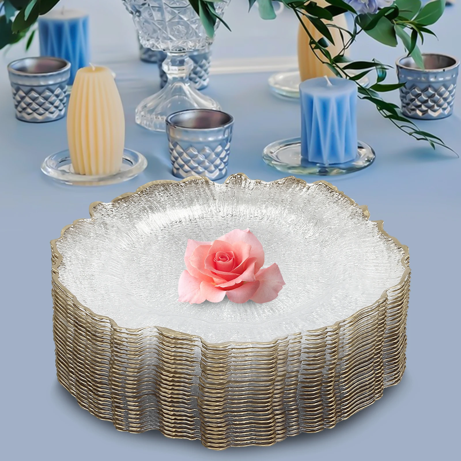 

25pcs Clear Gold Rim Plastic Charger Plates, 32cm Round Decorative Dinner Plates for Wedding, Party, Banquet, Elegant Tableware