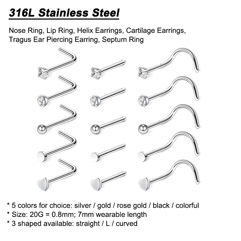 5pcs/lot 20G Surgical Steel Cubic Zirconia Nose Stud Rings Stackable Piercing Jewelry for Sensitive Ears Cartilage Helix Conch
