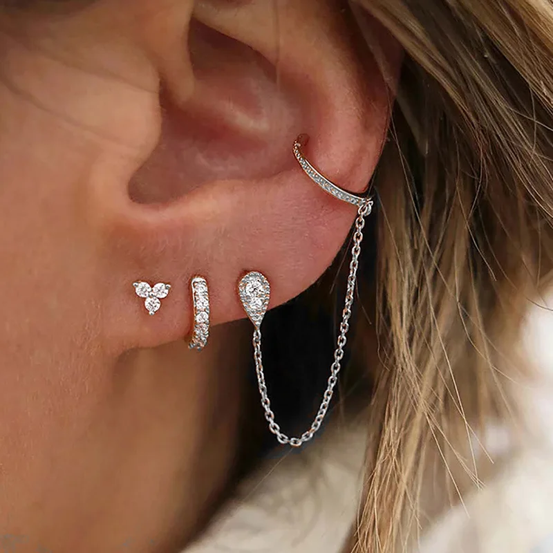 3PCS Stainless Steel Chain Water Drop Earring Set For Women Crystal Zirconia Dangle Earring Hypoallerg Piercing Jewelry aretes