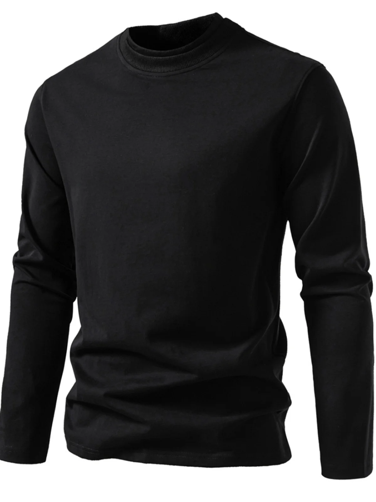 2024 Autumn Men's Solid Color Double-layer Half-neck Design Long-sleeve T-shirts Micro-elastic Cotton Versatile Bottoming Shirt