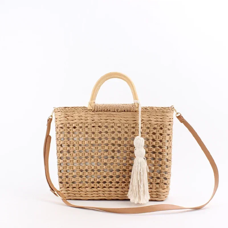 SVB1 Fashion Hollow Wooden Handle Straw Shoulder Bags Wicker Woven Rattan Women Handbags Summer Beach Large