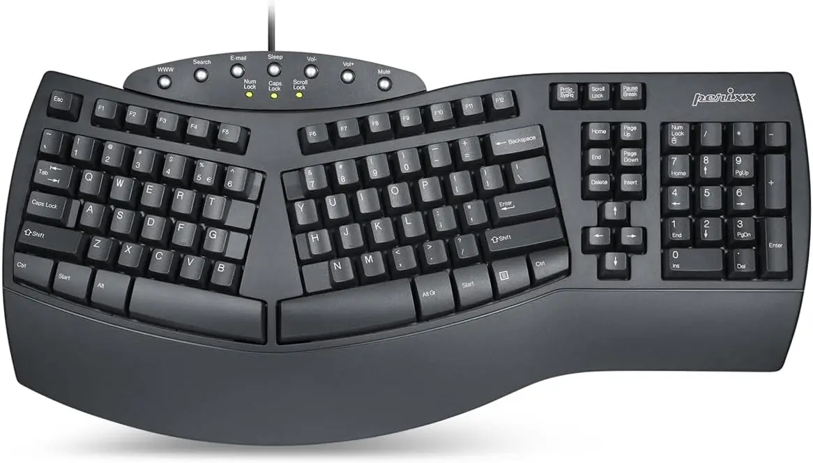 

Ergonomic Split Keyboard with Wrist Rest, USB Wired, US Layout, Black - Natural Typing Comfort