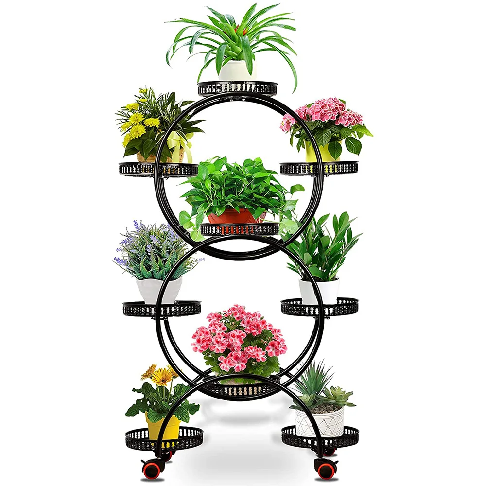 6 Tier Metal Plant Stand Pot Rack Corner Display Shelf Home Decoration W/9 Trays 4 Universal Wheels for Corridor Hall Garden