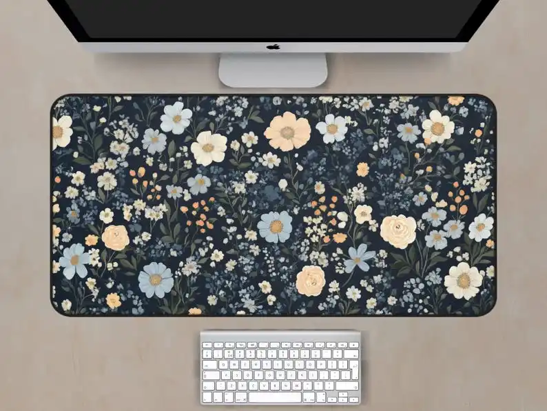 Napperon floral bleu foncé, tapis de souris floral, tapis de bureau floral végétal, tapis de décoration de bureau de jeu, un cadeau parfait pour les amis.