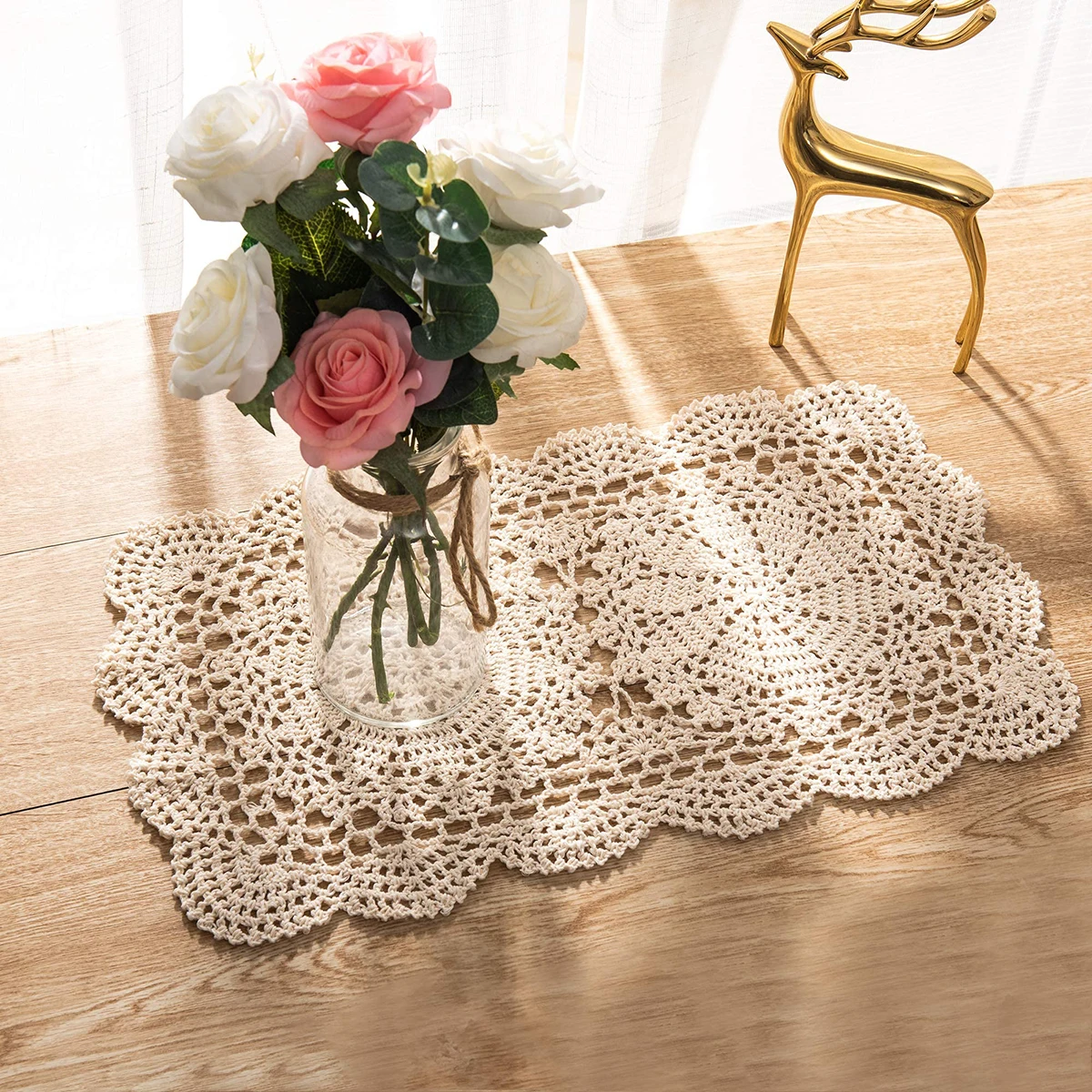 27*43cm Handmade Crochet Rectangle Cotton Nordic American Placemats Wabi-sabi Style DIY Hollow Lace Table Runner Coasters