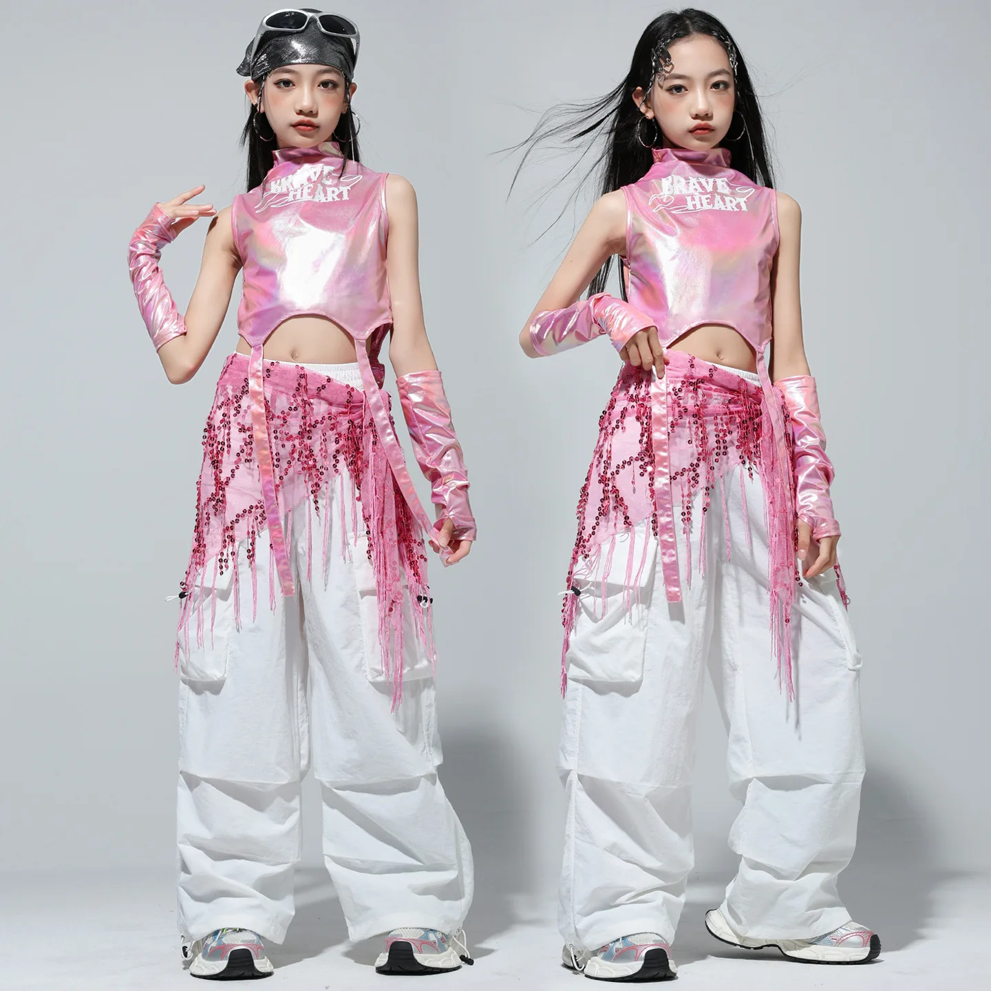 Kid Hip Hop Kleidung Laser Rosa Mock Neck Strap Crop Tank Top Weiß Straße Fallschirm Cargo Hosen für Mädchen Tanz Kostüm Kleidung