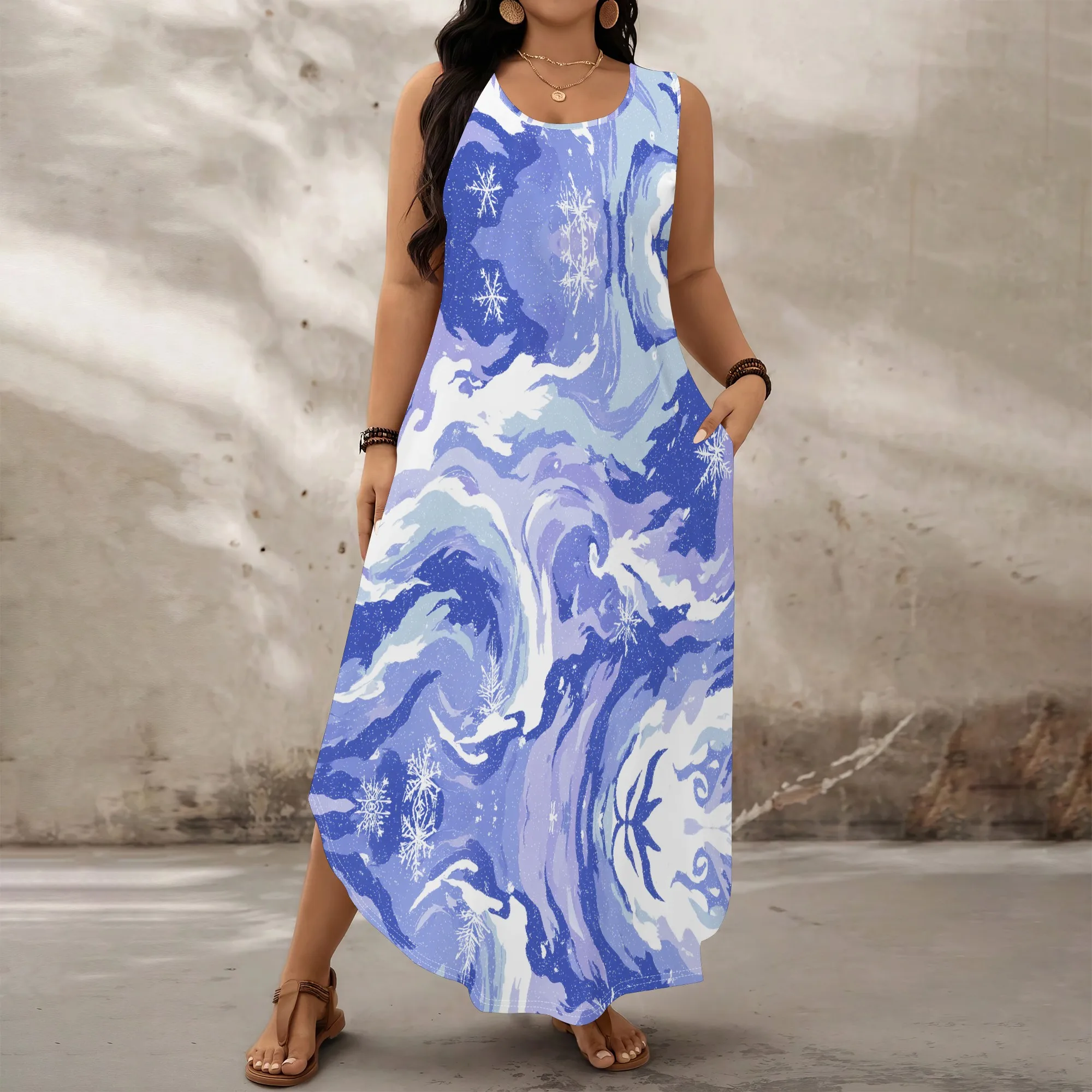 

Women Plus Size Snowflake Print Sleeveless Maxi Dress Winter Holiday Casual XL-6XL