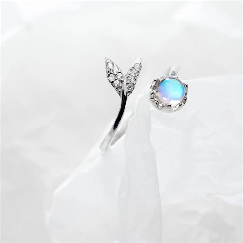 Blue Crystal Zircon Mermaid Fishtail 925 Sterling Silver Fine Female Resizable Opening Rings RI991