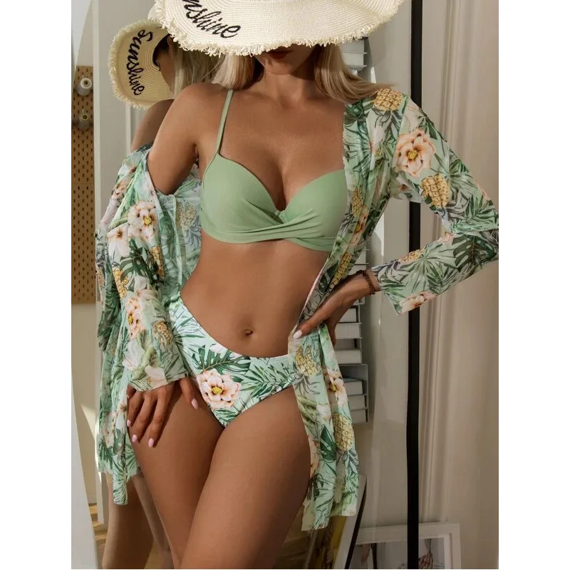 

Sexy Green Leaf Print Three Piece Bikini Swimsuit Women's Sporty Yoga Fitness Fan Goods Backless Swimsuit with Steel Support
