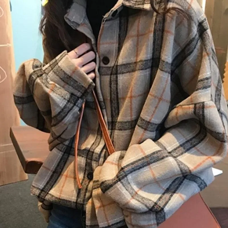 Female Spring  Autumn Oversized  Tunic  Shirt for Women Street Blouse  Vintage Plaid Flannel  Casual Korean Tops