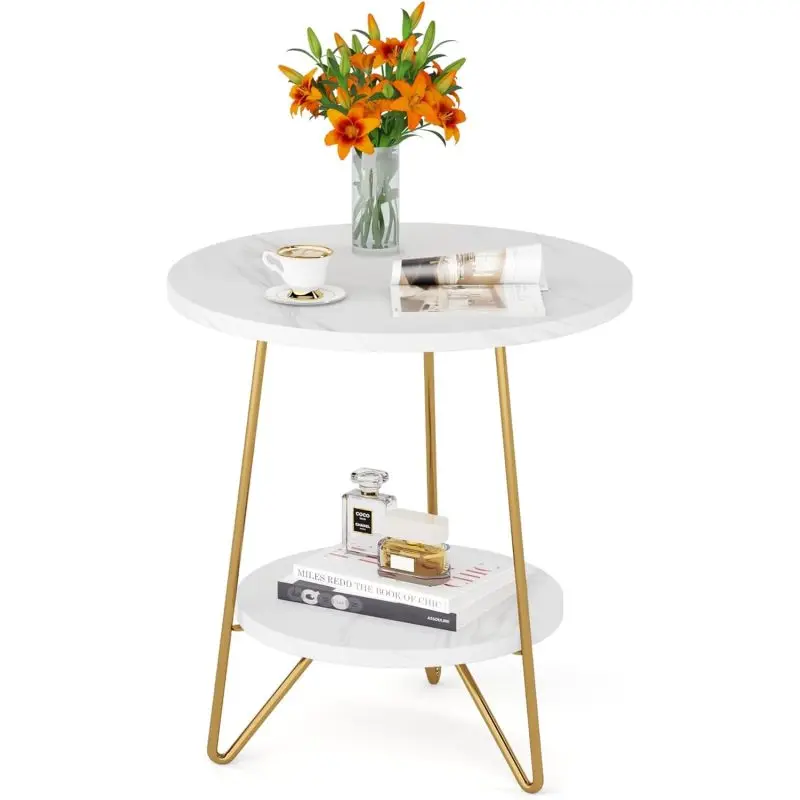 

18.7” Round Faux Marble End Table, 2-Tier Round White & Gold Side Table, Modern Small Coffee Table or Bedside Nightstand for Liv